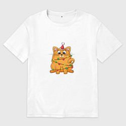 Футболка оверсайз мужская Рыжий Новогодний кот, цвет: белый