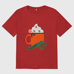 Футболка оверсайз мужская Новогодняя кружка с какао, цвет: красный