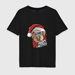 Футболка оверсайз мужская Pug merry christmas, цвет: черный