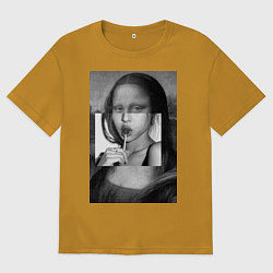 Футболка оверсайз мужская Мона Лиза с чупа чупсом - чёрно белая, цвет: горчичный