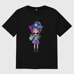 Футболка оверсайз мужская Милая девочка ведьма с другом лягушкой, цвет: черный
