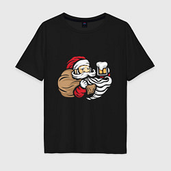 Футболка оверсайз мужская Санта с пивком, цвет: черный