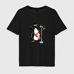 Футболка оверсайз мужская Пингвин- гитарист, цвет: черный
