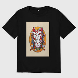 Футболка оверсайз мужская Иллюстрация маски кицунэ, цвет: черный