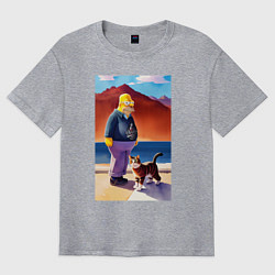 Футболка оверсайз мужская Retired Homer Simpson walks with a cat, цвет: меланж