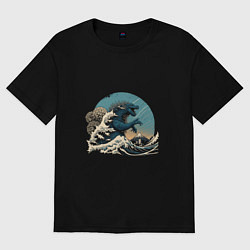Футболка оверсайз мужская Годзилла в Большой волне у Канагавы, цвет: черный