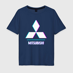 Футболка оверсайз мужская Значок Mitsubishi в стиле glitch, цвет: тёмно-синий