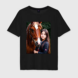 Футболка оверсайз мужская Девочка с лошадью, цвет: черный