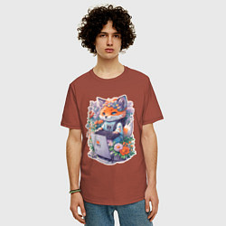 Футболка оверсайз мужская Лиса геймер за компьютером, цвет: кирпичный — фото 2