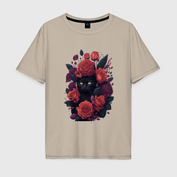 Футболка оверсайз мужская Черный кот в цветах, цвет: миндальный