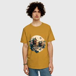 Футболка оверсайз мужская Японское святилище в стиле моротай, цвет: горчичный — фото 2