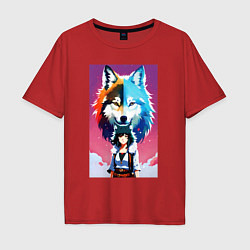 Мужская футболка оверсайз Cute girl and wolf - anime - neural network
