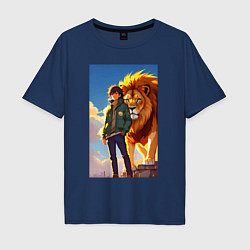 Мужская футболка оверсайз Пацан и лев - нейросеть - аниме