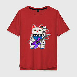 Футболка оверсайз мужская Рок кот нэко с микрофоном и гитарой, цвет: красный