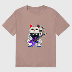 Мужская футболка оверсайз Рок кот нэко с микрофоном и гитарой