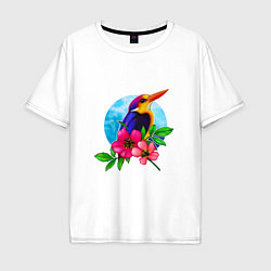 Футболка оверсайз мужская Тропическая птица в цветах, цвет: белый