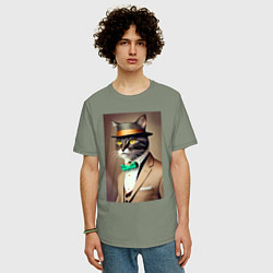Футболка оверсайз мужская Портрет кота джентльмена в шляпе, цвет: авокадо — фото 2