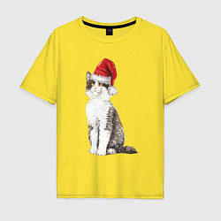 Мужская футболка оверсайз Пятнистый кот в новогодней шапочке