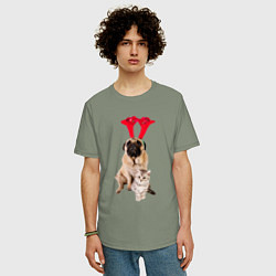 Футболка оверсайз мужская Мопс с ушками и котёнок, цвет: авокадо — фото 2