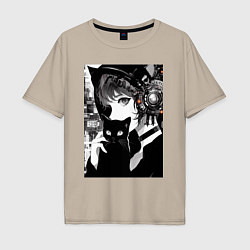 Мужская футболка оверсайз Girl with black kitten - anime - cyberpunk - ai ar