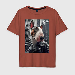 Футболка оверсайз мужская Dude bull terrier in New York - ai art, цвет: кирпичный