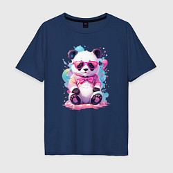 Футболка оверсайз мужская Милая панда в розовых очках и бантике, цвет: тёмно-синий