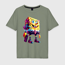 Футболка оверсайз мужская Губка Боб с пистолетом - киберпанк - нейросеть, цвет: авокадо