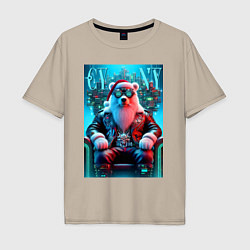 Мужская футболка оверсайз Медведь на кибер троне - нейросеть