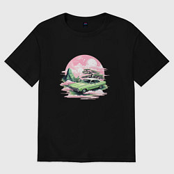 Футболка оверсайз мужская Ретро автомобиль на розовом закате, цвет: черный