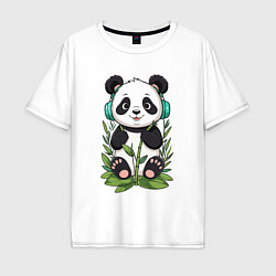 Футболка оверсайз мужская Медвежонок панды в наушниках, цвет: белый
