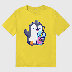 Футболка оверсайз мужская Пингвин с напитком, цвет: желтый