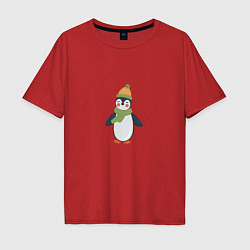Футболка оверсайз мужская Весёлый пингвин в шапке, цвет: красный