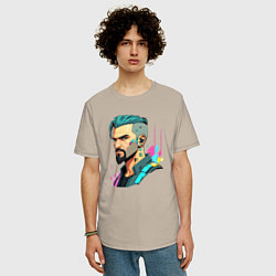 Футболка оверсайз мужская Портрет мужчины с бородой Cyberpunk 2077, цвет: миндальный — фото 2