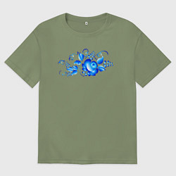 Футболка оверсайз мужская Цветок с листьями гжель, цвет: авокадо