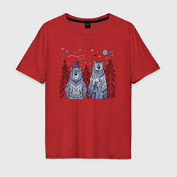 Футболка оверсайз мужская Два медведя в стиле мезенской росписи, цвет: красный