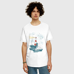 Футболка оверсайз мужская Маяк и волны - акварель, цвет: белый — фото 2