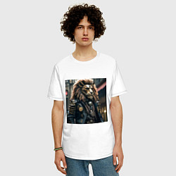 Футболка оверсайз мужская Лев в кожаном костюме в стиле стимпанк, цвет: белый — фото 2