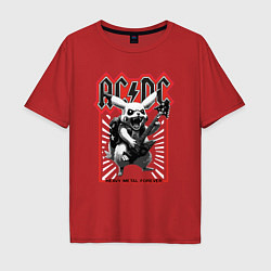 Футболка оверсайз мужская AC DC на фоне Пикачу играющего рок на гитаре, цвет: красный