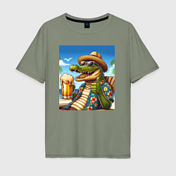 Мужская футболка оверсайз Чувак крокодил с пивом на пляже