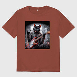 Футболка оверсайз мужская Чёрный котяра рок гитарист, цвет: кирпичный