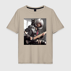 Мужская футболка оверсайз Девчонка рок гитарист с чёрным котом