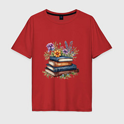 Футболка оверсайз мужская Стопка книг с полевыми цветами, цвет: красный