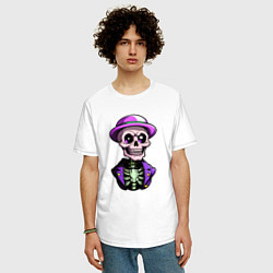 Футболка оверсайз мужская Скелет в фиолетовой шляпе, цвет: белый — фото 2