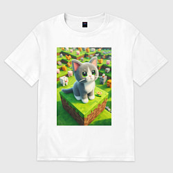 Футболка оверсайз мужская Funny kitten - Minecraft ai art, цвет: белый
