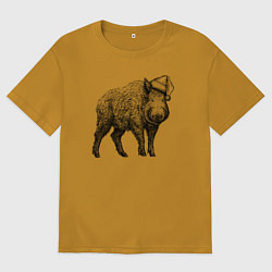 Футболка оверсайз мужская Кабан в новогоднем колпаке, цвет: горчичный