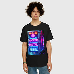 Футболка оверсайз мужская Ai hacker digital rebel - neon glow, цвет: черный — фото 2