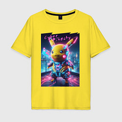 Футболка оверсайз мужская Cyber Pikachu - neon glow ai art fantasy, цвет: желтый