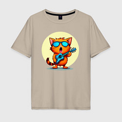 Мужская футболка оверсайз Рыжий кот с гитарой поет песню