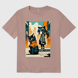 Футболка оверсайз мужская Кот и девочка гуляют на своём районе - нейросеть, цвет: пыльно-розовый