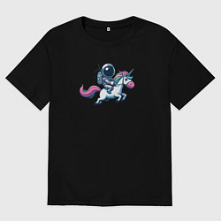 Футболка оверсайз мужская Космонавт едет верхом на единороге, цвет: черный